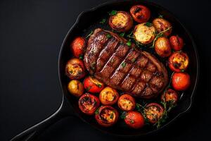 Juicy medium rare steak with roasted vegetables in cast iron skillet, garnished with herbs, creating delicious and appetizing meal photo