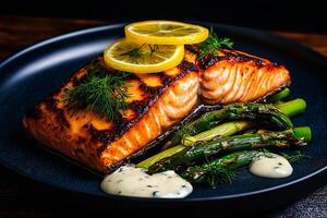 Delicious grilled salmon fillet with lemon slices, served with asparagus and creamy sauce, creating vibrant and appetizing dish photo