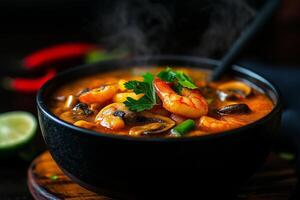 steaming bowl of shrimp soup with mushrooms, lime leaves, and herbs, showcasing vibrant colors and rich textures. Perfect for comforting meal photo