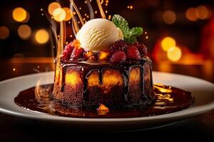 Decadent chocolate lava cake topped with vanilla ice cream and fresh berries, creating delightful dessert experience. warm chocolate sauce adds rich flavor photo