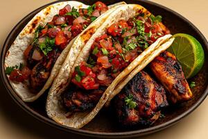 Delicious tacos with chicken, red pico de gallo, and lime, garnished with fresh herbs, perfect for flavorful meal. Enjoy vibrant colors and textures photo