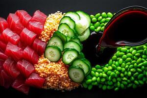 vibrant and fresh sashimi bowl featuring tuna, avocado, cucumber, and edamame, drizzled with soy sauce, creating delightful culinary experience photo