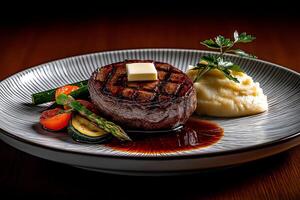 Masterfully captured high end food photography of gourmet steak dish featuring grilled vegetables, creamy mashed potatoes, and pat of butter, evoking sense of culinary delight photo