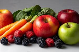 Fresh fruits and vegetables including apples, carrots, spinach, and berries create vibrant and healthy display. This colorful arrangement showcases nature bounty beautifully photo