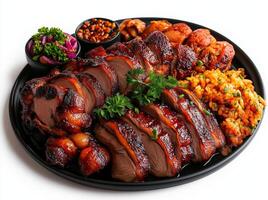 delicious plate of sliced roasted duck served with rice, vegetables, and sauces, showcasing vibrant colors and textures that evoke sense of culinary delight photo