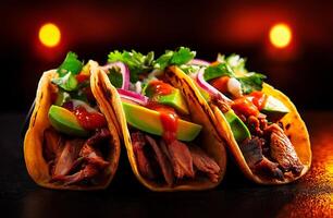 Delicious carne asada tacos filled with avocado, red onion, and fresh cilantro, served with salsa. vibrant and mouthwatering dish perfect for any occasion photo
