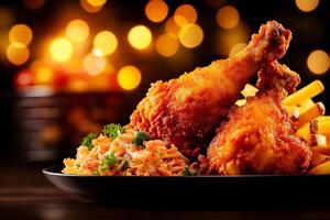 Delicious plate of hot and spicy fried chicken with coleslaw and fries, perfect for festive gathering. vibrant colors and texture create inviting atmosphere photo