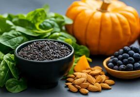 Fresh ingredients including black seeds, spinach, pumpkin, almonds, and blueberries create vibrant and healthy display. This arrangement showcases beauty of nutritious foods photo