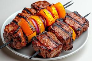 Grilled meat skewers with colorful vegetables on white plate, showcasing delicious and appetizing arrangement. Perfect for summer barbecues and gatherings photo
