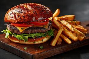 delicious hamburger with lettuce, tomato, and cheese served with crispy fries on wooden board, perfect for satisfying meal photo