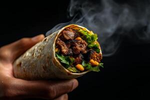 hand holding delicious wrap filled with meat, vegetables, and smoke rising from it, creating appetizing and warm atmosphere photo