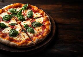 Delicious pizza topped with cheese, fresh basil, and tomato sauce on wooden board, perfect for sharing and enjoying with friends photo