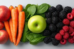 Fresh fruits and vegetables including apples, carrots, spinach, blackberries, and raspberries arranged beautifully. vibrant display of healthy food options photo