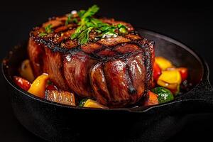 Juicy steak cooked to perfection in cast iron pan with colorful vegetables. rich flavors and vibrant colors create appetizing presentation for any meal photo