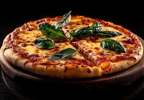 Delicious pizza topped with cheese, fresh basil, and tomato sauce, served on wooden board. warm, inviting colors and textures create mouthwatering appeal photo