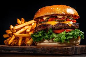 Giant hamburger with lettuce, tomato, cheese, and pickles served with fries. This delicious meal is perfect for satisfying cravings and enjoying hearty bite photo