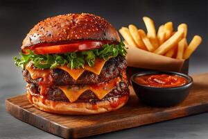 Juicy burger with layers of cheese, lettuce, and tomato, served with fries and sauce. delicious meal that satisfies cravings and brings joy photo