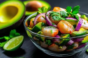 Fresh ceviche with shrimp, avocado, red onion, and cilantro, served in glass bowl. This vibrant dish showcases mix of flavors and colors, perfect for refreshing meal photo