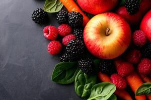 Fresh fruits and vegetables including apples, raspberries, blackberries, carrots, and spinach create vibrant and healthy display. This colorful arrangement evokes sense of freshness and vitality photo