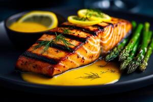 Grilled salmon fillet served with lemon slices, asparagus, and sauce, creating delicious and vibrant meal. Perfect for seafood lovers and healthy eating enthusiasts photo