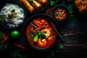 Delicious Tom Yum soup with shrimp, lime, and fresh herbs, served with rice, spring rolls, and chili sauce, creating vibrant and flavorful meal experience photo