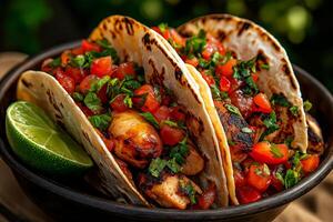 Delicious chicken tacos with fresh pico de gallo, garnished with cilantro and lime, served in warm tortillas. perfect dish for any taco lover photo