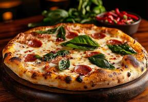 Delicious pizza topped with cheese, pepperoni, and fresh basil, served on wooden board. vibrant colors and textures create appetizing presentation photo