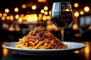 Delicious pasta with chicken Bolognese served on plate, paired with glass of red wine, creating warm and inviting dining atmosphere photo