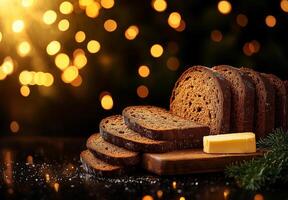 Freshly sliced brown bread with butter on wooden board, surrounded by festive bokeh lights, creating warm and inviting atmosphere perfect for holiday gatherings photo