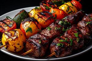 Grilled beef shish kebab with colorful vegetables on white plate, showcasing delicious and vibrant meal. Perfect for outdoor gatherings and barbecues photo