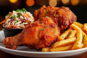 Delicious fried chicken drumsticks served with crispy fries and coleslaw, creating mouthwatering meal perfect for any occasion photo