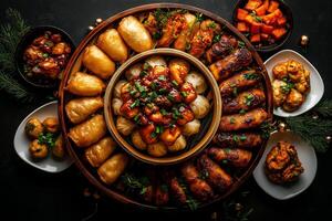 beautifully arranged round table featuring various Chinese dim sum dishes, including dumplings, buns, and savory sides, creating festive and inviting atmosphere photo