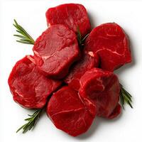 Fresh raw beef steaks arranged with rosemary on white background, showcasing vibrant red color and rich texture. Perfect for culinary presentations and recipes photo