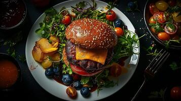 Delicious burger on white plate, garnished with fresh vegetables and fruits, creating vibrant and appetizing presentation photo