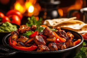 Sizzling chicken fajitas with peppers and onions, garnished with fresh cilantro, served with tortillas and guacamole. delicious and vibrant meal perfect for gatherings photo