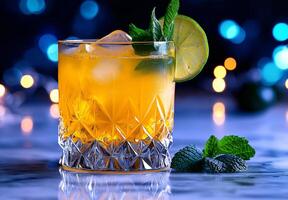 refreshing yellow cocktail garnished with mint and lime, served in crystal glass, perfect for summer gatherings. vibrant colors and bokeh background create lively atmosphere photo