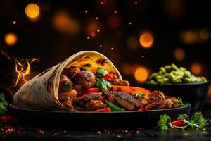 Delicious fajitas with chicken, peppers, and onions served in warm tortilla, garnished with fresh herbs, creating vibrant and appetizing dish photo