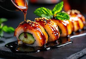 Delicious sushi rolls with salmon, avocado, and cucumber drizzled with sauce, garnished with mint leaves, and sesame seeds on dark slate plate photo