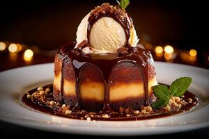 Decadent chocolate lava cake topped with vanilla ice cream and drizzled with rich chocolate sauce, garnished with mint leaves, perfect for dessert lover photo