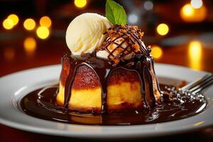 Decadent chocolate lava cake topped with vanilla ice cream and mint leaf, served on plate with rich chocolate sauce. Perfect for dessert lovers photo