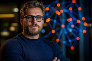 confident man with glasses stands in modern setting, showcasing thoughtful expression against backdrop of colorful lights photo