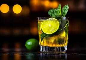 refreshing yellow mojito cocktail garnished with mint and lime, served in glass. vibrant colors and inviting presentation create perfect drink for relaxation photo