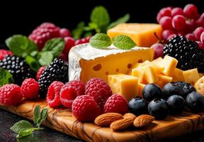 Delightful cheese board featuring various cheeses, fresh berries, and nuts, perfect for gatherings and celebrations. vibrant display of flavors and colors photo