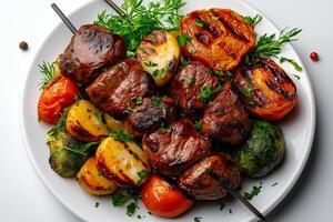Grilled beef shish kebab with vegetables, garnished with fresh herbs, showcases vibrant and appetizing presentation. Perfect for summer barbecue or festive gathering photo