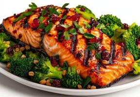 Grilled salmon fillet served with broccoli, cranberries, and mixed grains, garnished with fresh herbs. healthy and colorful dish perfect for any meal photo