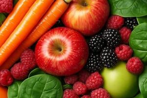 Fresh fruits and vegetables including apples, carrots, spinach, and berries create vibrant and healthy display, showcasing nature bounty and promoting nutritious lifestyle photo