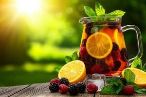 Refreshing summer cocktail with lemon, orange, and berries, garnished with mint leaves, perfect for warm days. Enjoy this vibrant drink in sunny outdoor setting photo