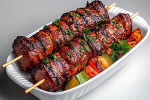 Grilled meat skewers with vegetables, garnished with herbs, served in white dish. Perfect for barbecues and gatherings, showcasing delicious flavors and vibrant colors photo