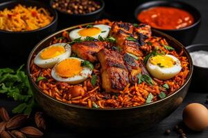 vibrant bowl of biryani featuring grilled chicken, boiled eggs, and fresh herbs, served with side dishes of lentils and yogurt. feast for senses photo