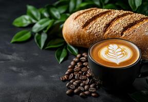 warm cappuccino with latte art sits beside fresh bread and coffee beans, surrounded by lush green leaves, creating cozy and inviting atmosphere photo